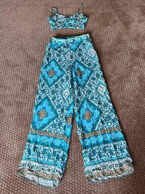 2 Pc Top & Wide Leg Pants Set Shein Women Teen Small Lightweight Vacation Resort